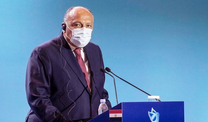 Egyptian Foreign Minister Sameh Shoukry takes part in a press conference on February 11, 2021, in Athens, during the Greek-hosted Philia Forum (Friendship Forum), with representatives from several Persian Gulf and East Mediterranean countries. (AFP)