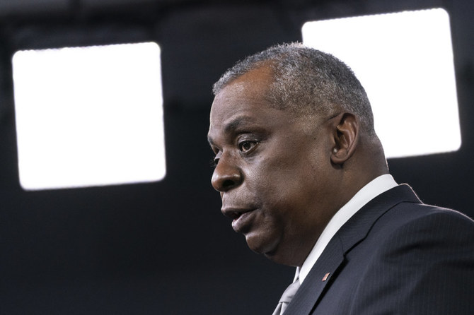 US Secretary of Defense Lloyd Austin speaks during a media briefing at the Pentagon, in Washington on Feb. 19, 2021. (AP Photo/Alex Brandon, File)