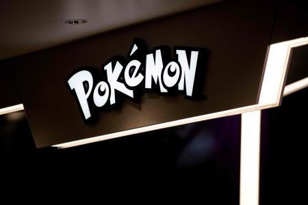 The Pokemon logo is seen at a Pokemon store in Tokyo on February 26, 2021. (AFP)