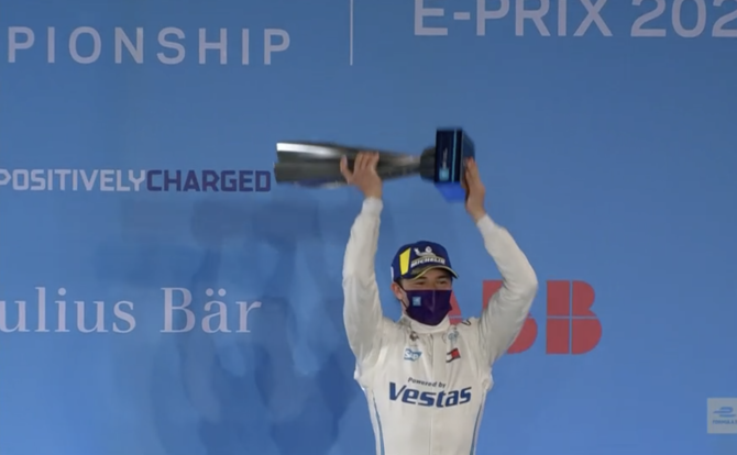 Nyck de Vries of Mercedes-Benz won the first leg of a historic Diriyah E-Prix double-header to become the first driver to ever win a Formula E race taking place at night. (Screenshot/FIA Formula E)