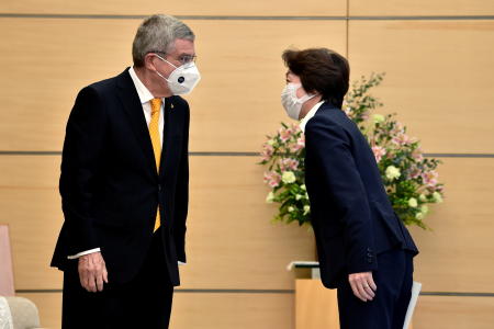 Japan's Minister for the Tokyo Olympic and Paralympic Games Seiko Hashimoto (right) greets International Olympic Committee (IOC) president Thomas Bach during a meeting in Tokyo on November 16, 2020. (Reuters file)