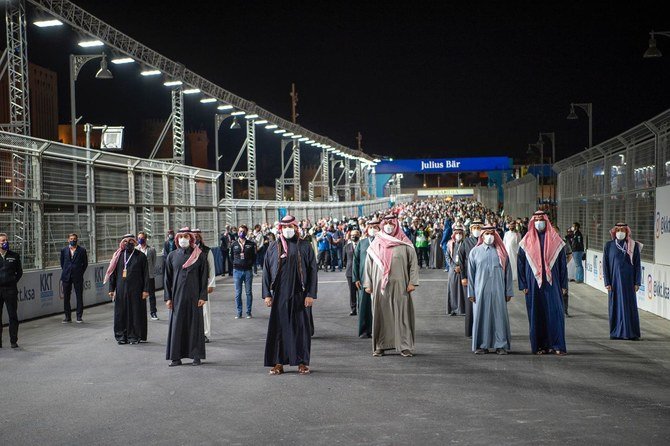 Saudi Arabia's Crown Prince Mohammed bin Salman was in attendance for the second race of the Formula E Diriyah E-Prix weekend in Riyadh on Saturday. (SPA)
