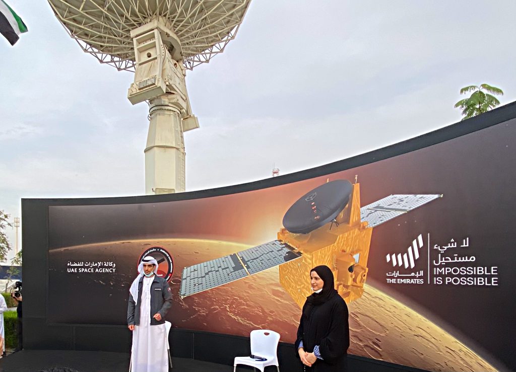 Omran Sharaf, project manager at the MBRSC (L) and Sarah Al-Amiri, the UAE’s minister of state for advanced sciences and chair of the UAE Space Agency (R) at the Mohammed bin Rashid Space Center, Feb. 10, 2021. (ANJP Photo)