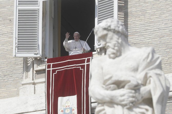 Pope Francis delivers the Angelus noon prayer in St. Peter's Square at the Vatican, Sunday, Feb. 21, 2021. (AP)