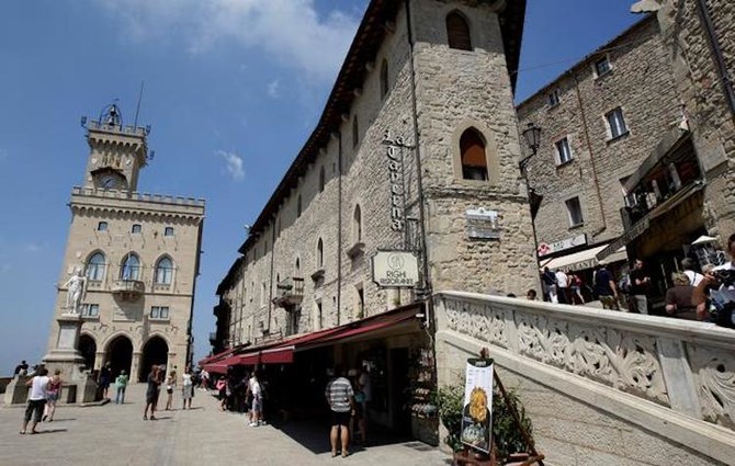 The Palazzo Pubblico, government building, left, in San Marino, August 12, 2009. (Reuters)