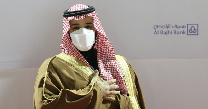 Saudi Arabia’s Crown Prince Mohammed bin Salman during the trophy presentation for The Saudi Cup. (Reuters)