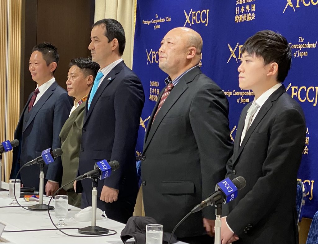 From right: William Lee, Hong Kong pro-democracy activist and Member of Stand with HK@JPN; Chimed Jirgal, Vice-President of Southern Mongolia Congress; Kerimu Uda, President of Japan Uyghur Association; Kalden Obara, President of Tibetan Community in Japan; and Hidetoshi Ishii, Vice President of Free Indo-Pacific Alliance. (ANJ Photo)