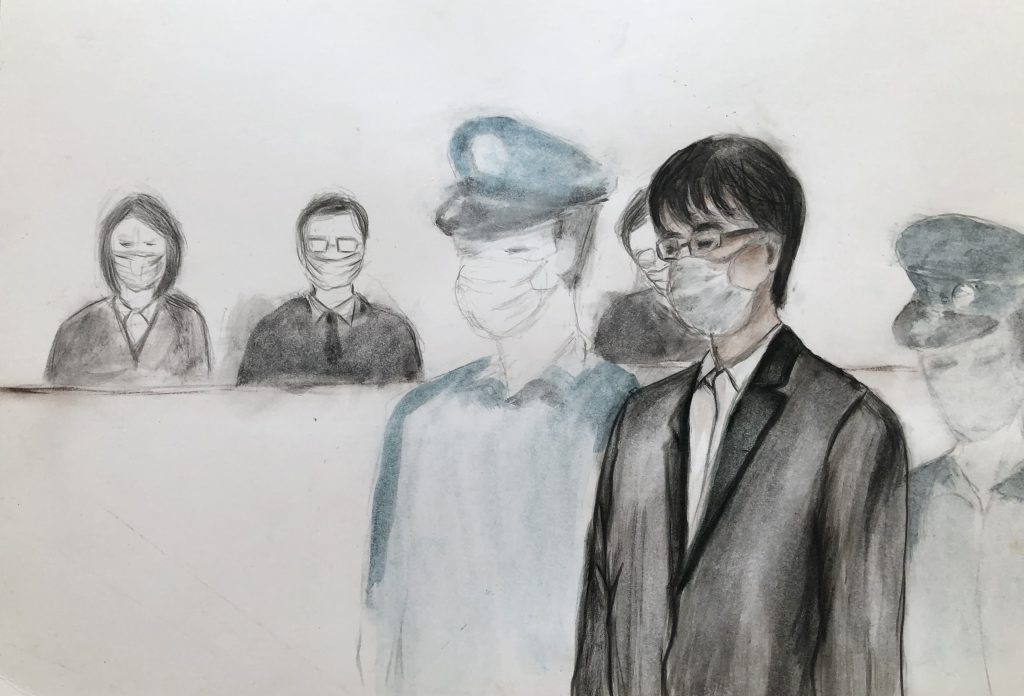 A sketch of Katsuyuki Kawai during a November 2020 court proceeding. Kawai is under arrest for his involvement in an alleged bribery case.  (Sketch by Tamaki Hosokawa specially for ANJ)