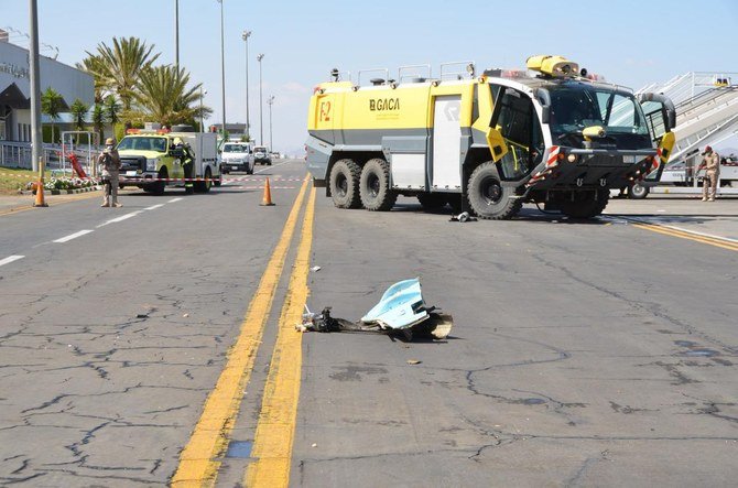 Fragments from an explosive drone at Abha Airport after Wednesday's attack. (Handout)