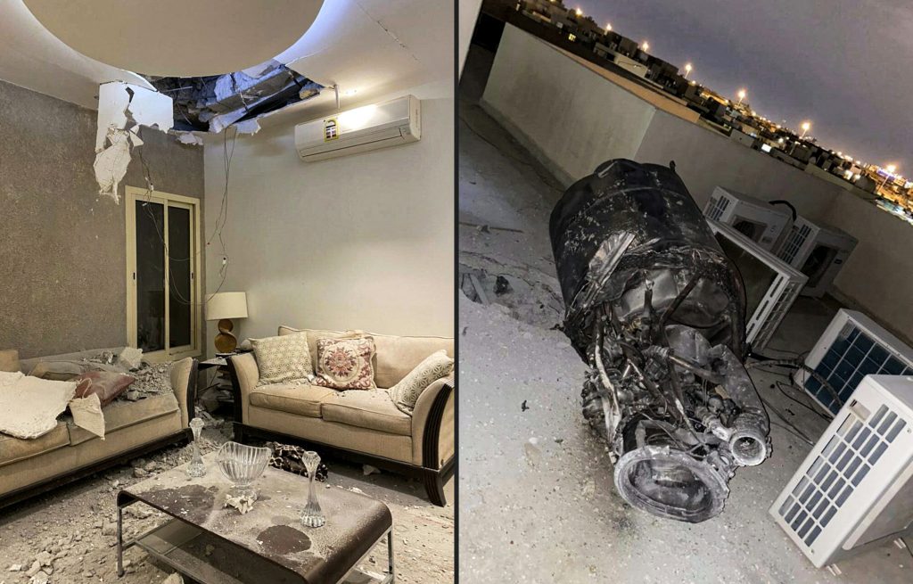 This combination of handout pictures provided by the Saudi Press Agency (SPA) on February 27, 2021 shows damage to a home and debris on the roof of a building in Saudi Arabi's capital Riyadh in the aftermath of a missile attack claimed by Yemen's Houthi rebels. (AFP)