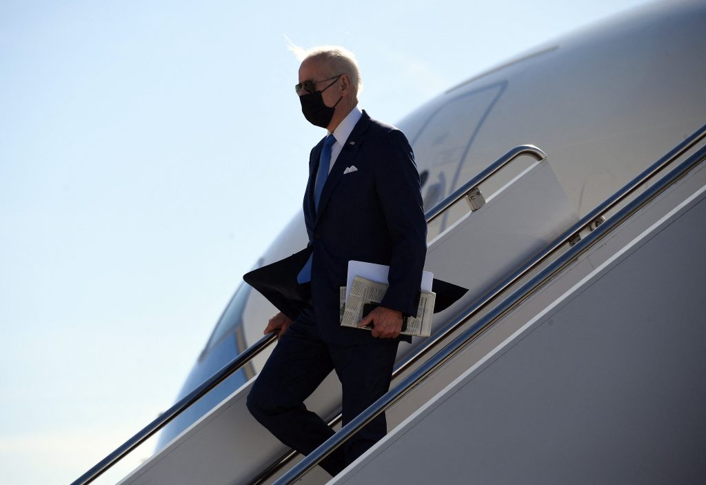 US President Joe Biden disembarks from Airforce One after arriving in Wilmington, Delaware on March 26, 2021. (AFP)