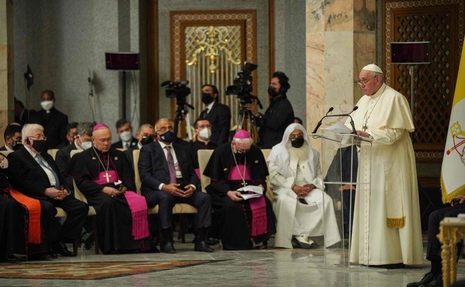 Pope Francis speaks at the Syriac Catholic Cathedral of Our Lady of Salvation (Sayidat al-Najat) in Baghdad at the start of the first ever papal visit to Iraq on March 5, 2021. (AFP) 