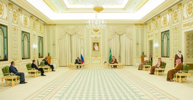 Saudi Arabia’s Crown Prince Mohammed bin Salman meets with Russia’s Foreign Minister Sergey Lavrov in Riyadh on Wednesday, March 10, 2021. (SPA)