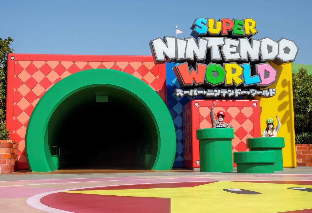 General view shows the entrance gate of Super Nintendo World, a new attraction area featuring the popular video game character Mario which is set to open to public on March 18, during a press preview at the Universal Studios Japan theme park in Osaka, western Japan, March 17, 2021. (Reuters)