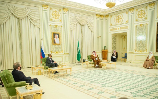 Saudi Arabia’s Crown Prince Mohammed bin Salman meets with Russia’s Foreign Minister Sergey Lavrov in Riyadh on Wednesday, March 10, 2021. (SPA)
