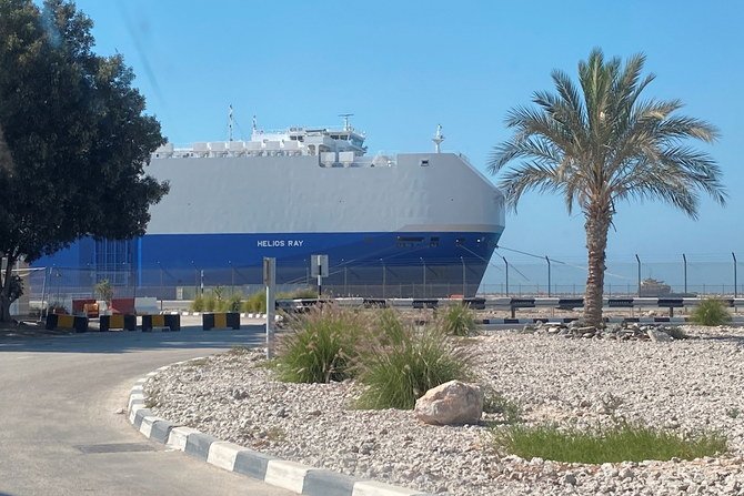 An Israeli-owned ship hit by an explosion in the strategic Gulf of Oman waterway is seen after arrival at a port in Dubai Feb 28, 2021. (Reuters)