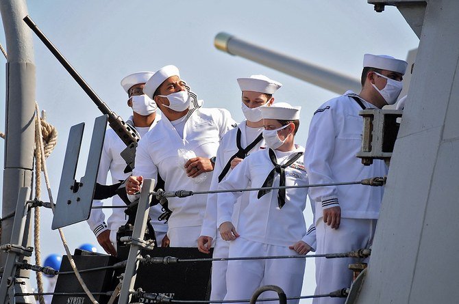 The US Navy guided-missile destroyer USS Winston S. Churchill docked at Port Sudan on March 1, 2021. (AFP)