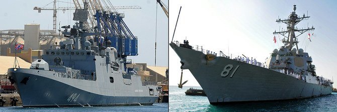 (L to R) The Russian Navy frigate RFS Admiral Grigorovich (494) arrived first at Port Sudan and (R) the US Navy guided-missile destroyer USS Winston S. Churchill anchored on Monday. (AFP)