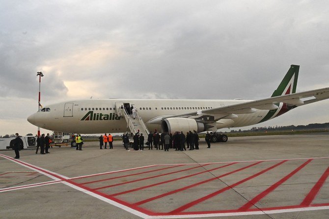 Above, the Alitalia plane that will bring Pope Francis to Iraq on March 5, 2021 on the tarmac of Rome’s Fiumicino airport. (AFP)