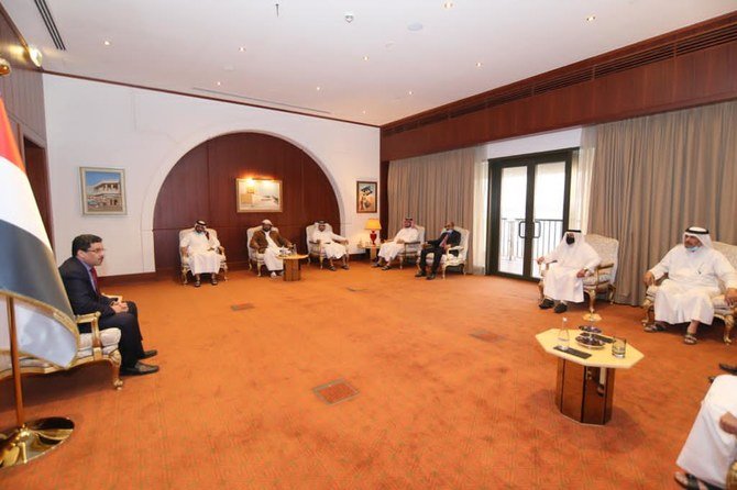 Yemen’s foreign minister, Ahmed Awad bin Mubarak, and his Qatari counterpart, Sheikh Mohammed bin Abdulrahman, hold talks in the Qatari capital, Doha, on Sunday, March 7, 2021. (Yemen Ministry of Foreign Affairs)