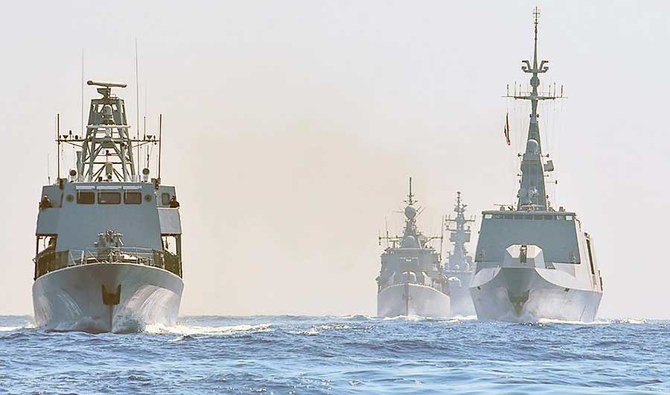 In this photo taken on Aug. 31, 2020, by the Greek Defense Ministry, worships from Greece, Italy, Cyprus and France, participate in a joint military exercise in eastern Mediterranean sea. (AP)