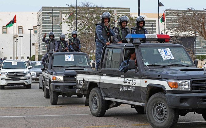 Libyan security forces keep in the north-central city of Sirte on March 10, 2021 during a parliament session. (AFP)