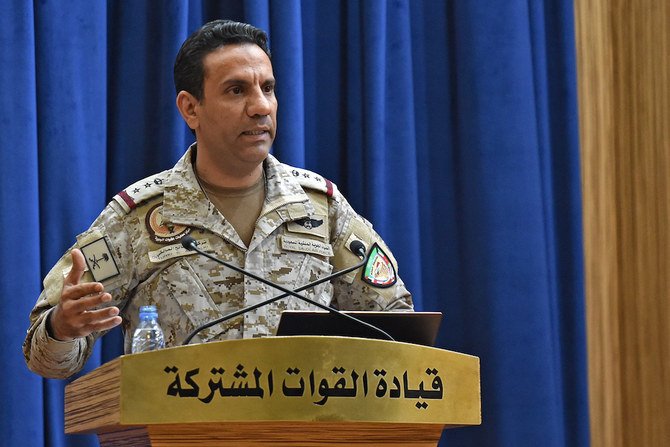 Spokesman of the Arab coalition Col. Turki Al-Maliki gestures during a press conference in the Saudi capital Riyadh. (File/AFP)