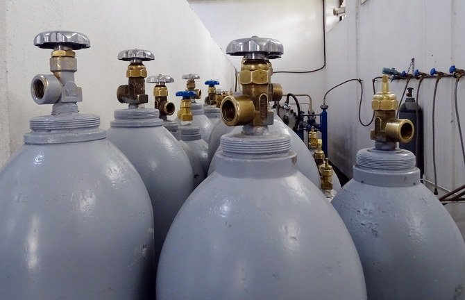 Oxygen cylinders are pictured inside a warehouse at a hospital in Damascus, Syria. (Reuters)