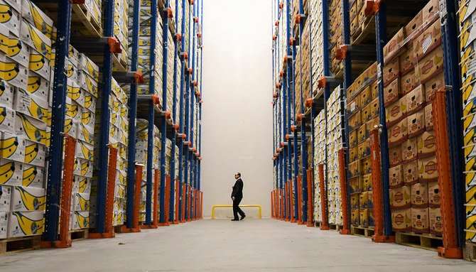 A cooled fruit and vegetable warehouse is pictured in Dubai on July 21, 2020. (Photo by Karim SAHIB / AFP)