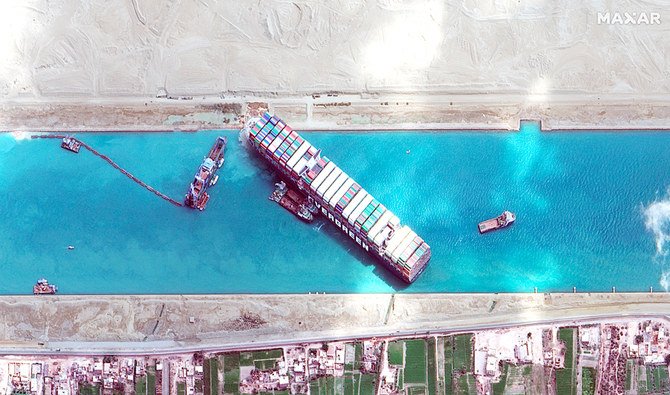 This satellite imagery released by Maxar Technologies shows the MV Ever Given container ship in the Suez Canal on the morning of March 28, 2021. (AFP)