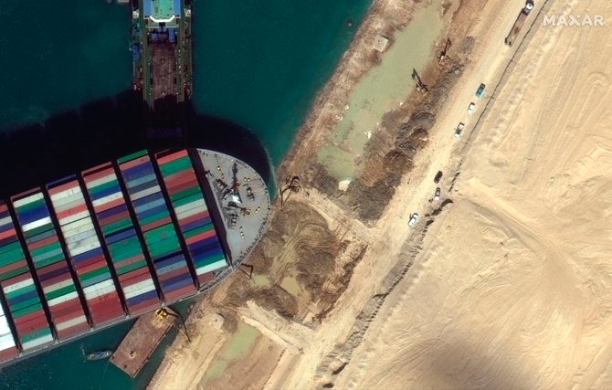 This satellite image from Maxar Technologies shows the cargo ship MV Ever Given stuck in the Suez Canal on March 27, 2021.(Maxar Technologies via AP)