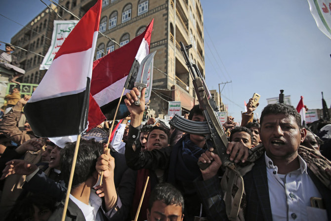Houthi militia fighters attend a rally in Sanaa, Yemen, on March 26, 2021. (AP Photo/Hani Mohammed)