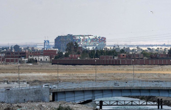 This picture taken on March 28, 2021 shows a distant view of the Panama-flagged MV 'Ever Given' container ship. (File/AFP)