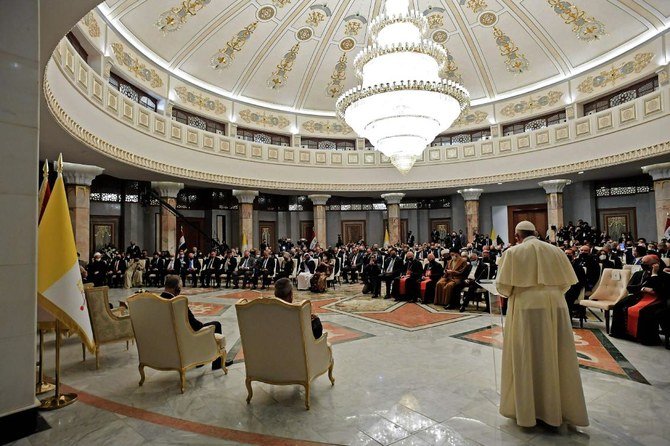 A handout picture released by the Vatican media shows Pope Francis speaking at the presidential palace in Baghdad's Green Zone, on March 5, 2021. (AFP)