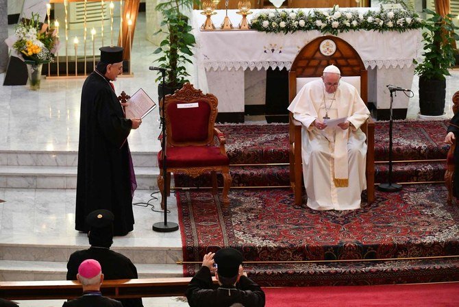 Pope Francis gives a sermon at the Syro-Catholic Cathedral of Our Lady of Salvation (Sayidat al-Najat) in Baghdad at the start of the first ever papal visit to Iraq on March 5, 2021. (AFP)