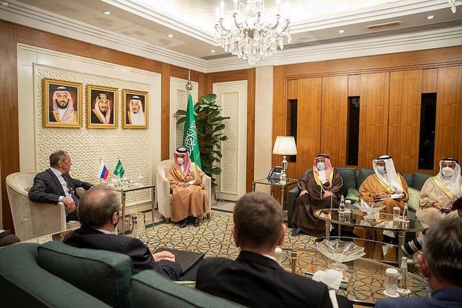 Saudi Arabia’s Minister of Foreign Affairs Prince Faisal bin Farhan meets his Russian counterpart Sergey Lavrov in Riyadh on Wednesday, March 10, 2021. (SPA)