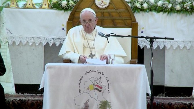 Pope Francis speaks as he visits the Syro-Catholic Cathedral of