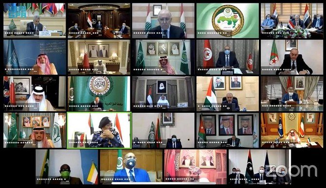 Arab interior ministers hold the 38th session of the Council of Arab Interior Ministers via video call. (SPA)