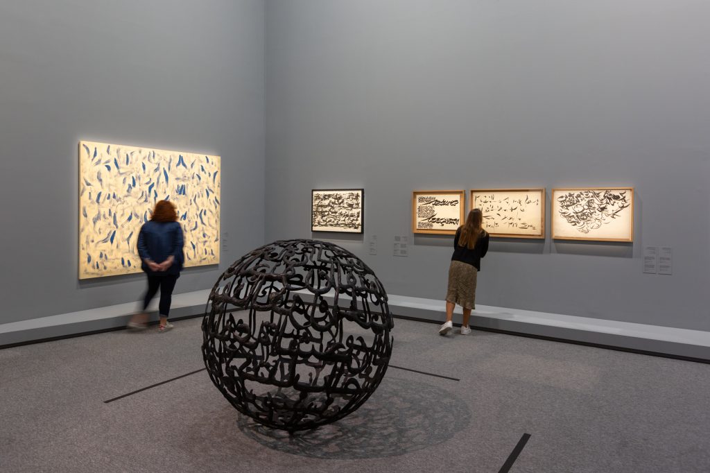 The exhibition is partnership with Centre Pompidou, connecting the languages of image and text through abstraction and calligraphy. (Department of Culture and Tourism – Abu Dhabi/Photo: Thierry Ollivier) 