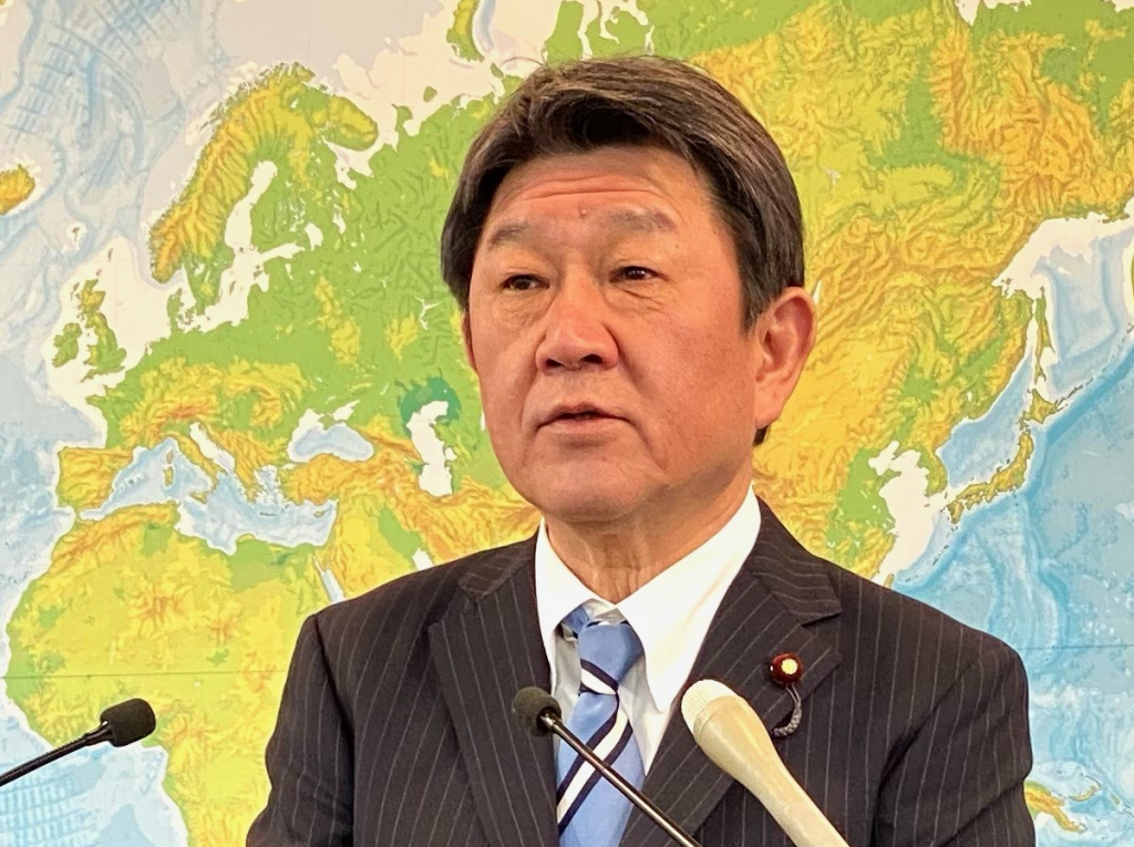 Japanese Foreign Minister Toshimitsu Motegi listens to a question at a press conference held today at the foreign ministry in Tokyo. (ANJP photo) 