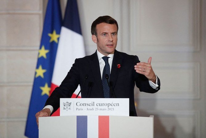 French President Emmanuel Macron holds a press conference after a European Union (EU) summit held via video link, at The Elysee Presidential Palace in Paris, on March 25, 2021. (AFP)