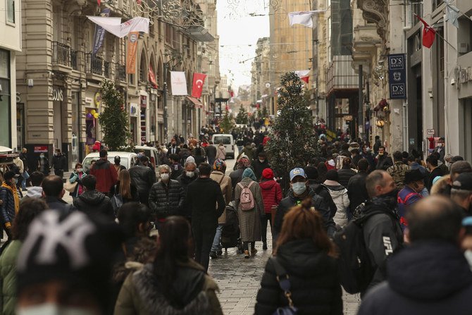 People walk in Istiklal street, the main shopping street of Istanbul, Thursday, March 25, 2021. (AP)