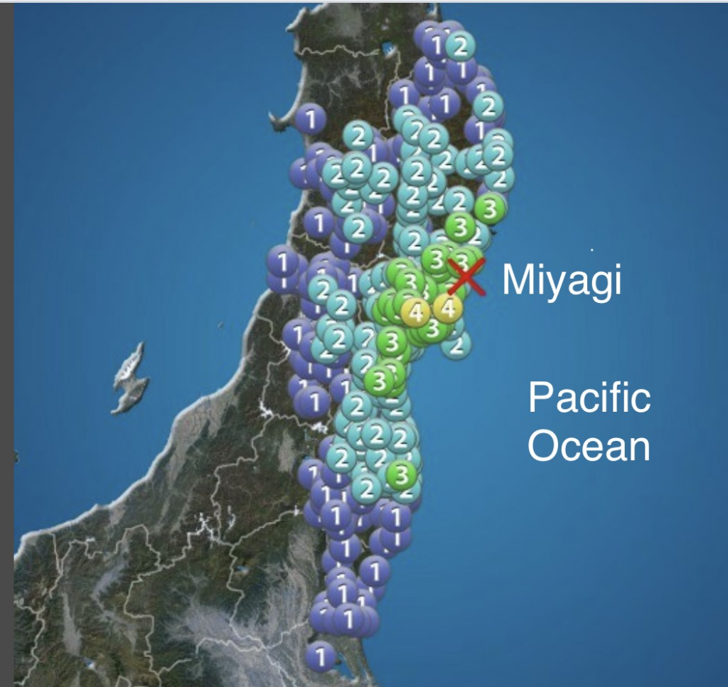 A 4.8 magnitude earthquake struck Miyagi Prefecture in northern Japan at around 8:30 a.m. on Tuesday. (Photo courtesy of Weather Agency)