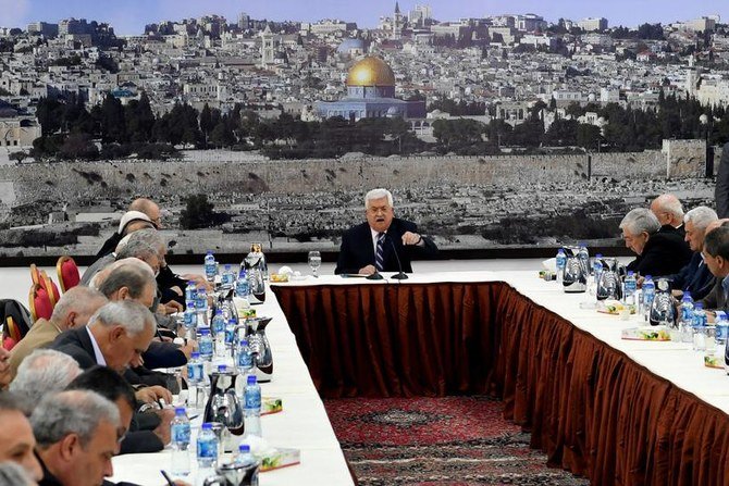 Palestinian President Mahmoud Abbas addresses the Palestinian leadership in Ramallah, in the occupied West Bank, March 19, 2018. (Reuters)