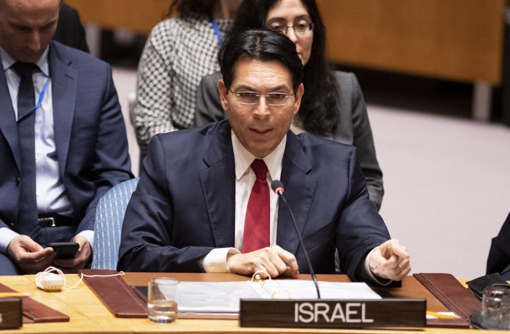 Israeli ambassador to the United Nations Danny Danon speaks to the UN Security Council at the United Nations headquarters on February 11, 2020 in New York. (AFP)