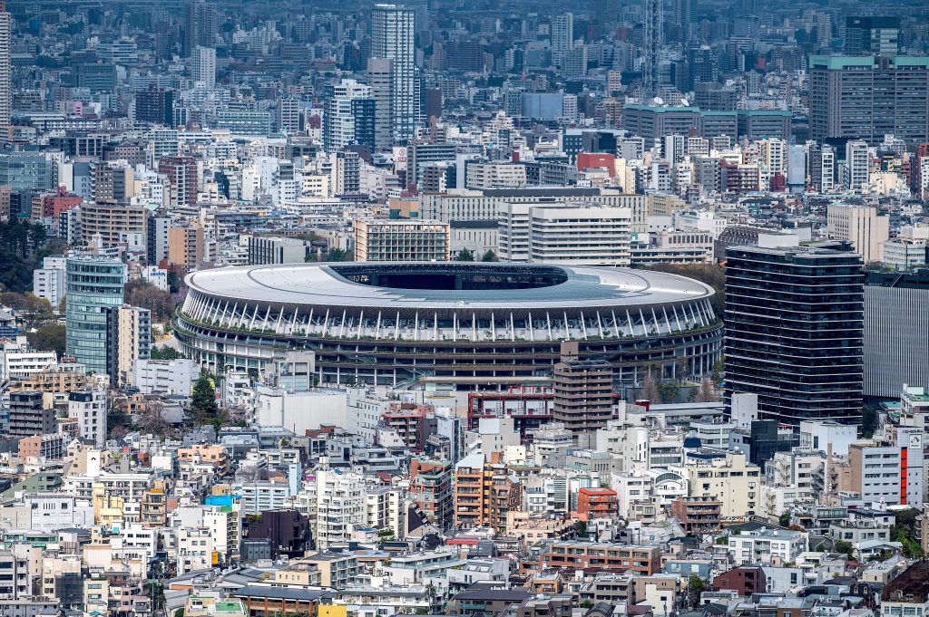 A general view shows the National Stadium (C), main venue for the Tokyo 2020 Olympic and Paralympic Games, in Tokyo, March. 22, 2021. (AFP)