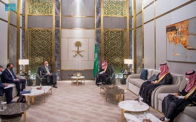 Saudi Arabia's Crown Prince Mohammed bin Salman meets Greece's Foreign Minister Nikos Dendias. (SPA)