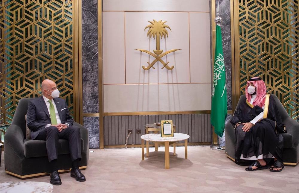 Greek Foreign Minister Nikos Dendias (left) meets with Saudi Arabia’s Crown Prince Mohammed bin Salman in Riyadh. (Greek Ministry of Foreign Affairs)