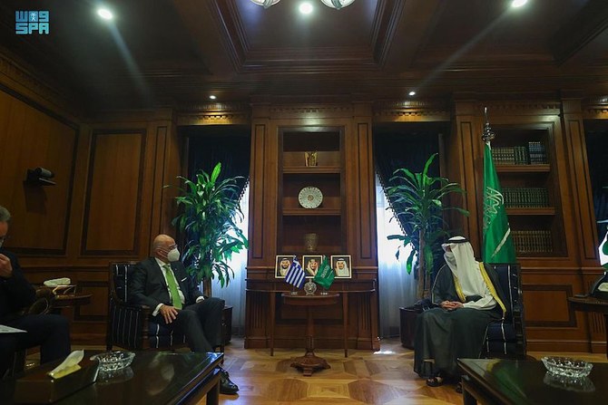 Saudi Minister of State for Foreign Affairs Adel Al-Jubeir meets Greek Foreign Minister Nikos Dendias. (SPA)