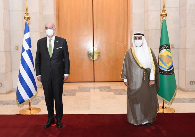 GCC Secretary General Nayef Al-Hajjraf meets Greek Foreign Minister Nikos Dendias and Minister of National Defense Nikolaos Panagiotopoulos. (Twitter/@GCCSG)